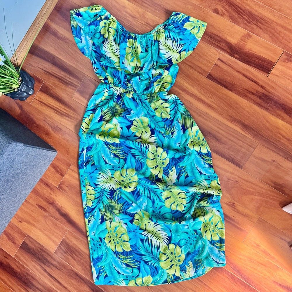 eesome Tropical Palm Leaf Print Maxi Dress with Ruffle Adjustable Top - Picture 5 of 8